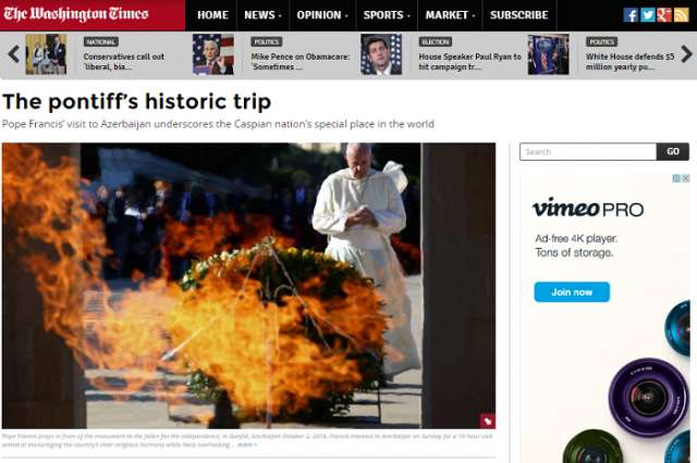 `The Washington Times` publishes Azerbaijani Ambassador`s article on Pope`s Azerbaijan visit